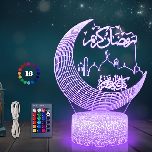 NAOLIU Ramadan LED Lampe, Ramadan Dekoration LED DIY Lamp, 3D 16 Farben LED Mubarak Dekoration LED Lichter, Farbwechsellampe mit Fernbedienung, Eid Dekorationen für Outdoor Indoor von NAOLIU