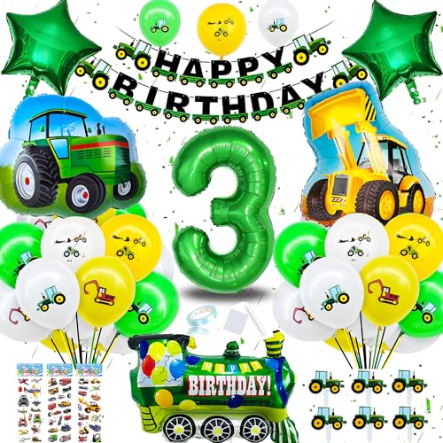 NAOLIU Traktor Geburtstag Deko 3 Jahre, Traktor Luftballon 3. Geburtstag Junge, Birthday Decorations Luftballon Grün, Party Geburtstagsdeko 3 Jahre Set mit Traktor Tortendeko/Sticker Kinder von NAOLIU