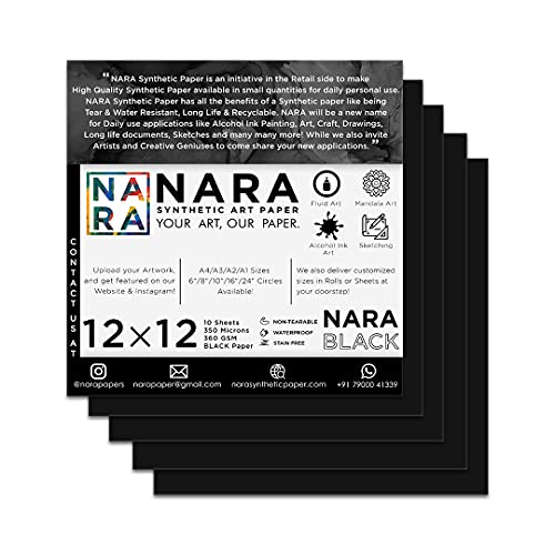 NARA Alkohol-Tintenpapier, schwarz, 30,5 x 30,5 cm, 350 Mikron/360 g/m², Medium + Papier, 10 Blatt, Papier für Alkohol, Tinte, Kunstmalerei, 100% fleckenfrei von NARA SYNTHETIC PAPER