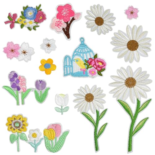 NAROSEBE 14 Stück Aufnäher Patches Blumen Aufbügel Bügelflicken Patches zum Aufbügeln Blume Gestickte Flicken Aufnäher Blumenranke Buegelbilder Bestickte Patches Sticker für DIY Kleidung Jeans von NAROSEBE