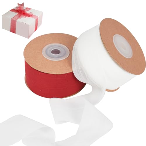 NAROSEBE 2 Rollen Geschenkband Weiß Rot Schleifenband 38mm x 22m Hochzeit Chiffonband Weiss Geschenkbänder Satinband Rot Dekoband für Taufe und Geburtstag Geschenke von NAROSEBE