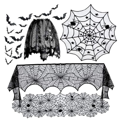 5er-Pack Halloween-Dekorationen: schwarze Spitzentischdecke, Tischläufer, Kaminsims, Schal, Lampenschirm mit 16 Stück gruseliger 3D-Fledermaus, Gothic-Spinnennetz-Dekoration für Partys zu Hause von NASSMOSSE