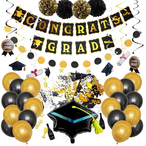 Abschlussdekorationen Klasse 2024, Schwarz und Gold Graduation Party Dekorationen für College einschließlich Congrats Grad Banner, Papierblumenkugeln, Luftballons, Pailletten von NASSMOSSE
