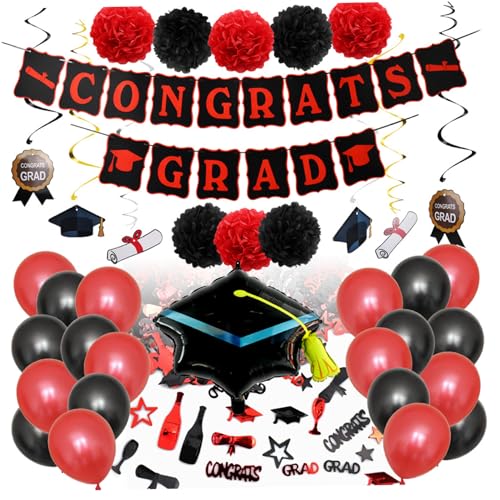 Abschlussdekorationen Klasse 2024, Schwarz und Rot Abschlussfeier Dekorationen für College einschließlich Congrats Grad Banner, Papierblumenkugeln, Luftballons, Pailletten von NASSMOSSE
