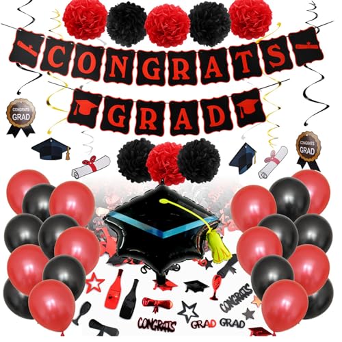 Abschlussdekorationen Klasse von 2024, Schwarze und rote Abschlusspartydekorationen für das College, einschließlich Glückwunschbanner, Papierblumenkugeln, Luftballons, Pailletten von NASSMOSSE