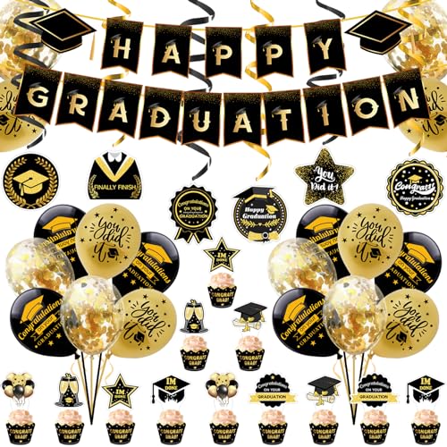 Abschlussdekorationen Klasse von 2024 1 Set Schwarz Gold Klasse von 2024 Dekorationen mit Banner Wirbel Luftballons Topper Karten Abschlussdekoration für das High School College von NASSMOSSE