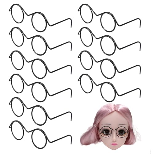 NASSMOSSE 10 Paar Puppenbrille, Schwarze Metalldraht winzige Gläserrahmen, Klassische Retro -Mini -Brillen runde lichtlose Rahmen Brillen für Crafts Dolls Haustiere Kostüm Cosplay -Foto -Requisiten von NASSMOSSE