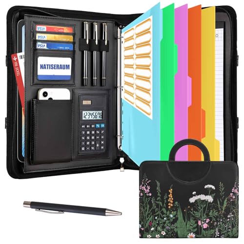 NATISERAUM Portfolio-Organizer – 3-Ringbuch mit Griff, veganes Leder, Business-Padfolio-Mappe mit Notizblock, inklusive 5 Trennwänden mit 10 Taschen für Dokumente NATISERAUM Portfolio-Organizer – 3-Ringbuch mit Griff, veganes Leder, Business-Padfolio-Mappe mit Notizblock, inklusive 5 Trennwänden mit 10 Taschen für Dokumente von NATISERAUM