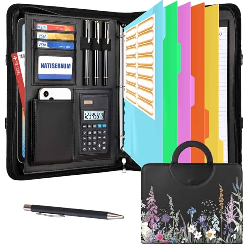NATISERAUM Portfolio-Organizer – 3-Ringbuch mit Griff, veganes Leder, Business-Padfolio-Mappe mit Notizblock, inklusive 5 Trennwänden mit 10 Taschen für Dokumente NATISERAUM Portfolio-Organizer – 3-Ringbuch mit Griff, veganes Leder, Business-Padfolio-Mappe mit Notizblock, inklusive 5 Trennwänden mit 10 Taschen für Dokumente von NATISERAUM