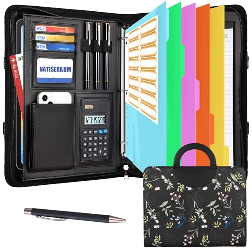 NATISERAUM Portfolio-Organizer – 3-Ringbuch mit Griff, veganes Leder, Business-Padfolio-Mappe mit Notizblock, inklusive 5 Trennwänden mit 10 Taschen für Dokumente NATISERAUM Portfolio-Organizer – 3-Ringbuch mit Griff, veganes Leder, Business-Padfolio-Mappe mit Notizblock, inklusive 5 Trennwänden mit 10 Taschen für Dokumente von NATISERAUM