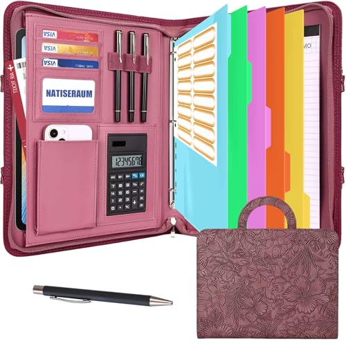 NATISERAUM Portfolio-Organizer – 3-Ringbuch mit Griff, veganes Leder, Business-Padfolio-Mappe mit Notizblock, inklusive 5 Trennwänden mit 10 Taschen für Dokumente NATISERAUM Portfolio-Organizer – 3-Ringbuch mit Griff, veganes Leder, Business-Padfolio-Mappe mit Notizblock, inklusive 5 Trennwänden mit 10 Taschen für Dokumente von NATISERAUM
