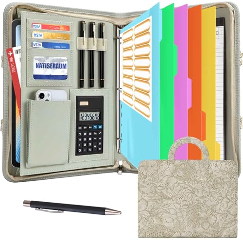 NATISERAUM Portfolio-Organizer – 3-Ringbuch mit Griff, veganes Leder, Business-Padfolio-Mappe mit Notizblock, inklusive 5 Trennwänden mit 10 Taschen für Dokumente NATISERAUM Portfolio-Organizer – 3-Ringbuch mit Griff, veganes Leder, Business-Padfolio-Mappe mit Notizblock, inklusive 5 Trennwänden mit 10 Taschen für Dokumente von NATISERAUM