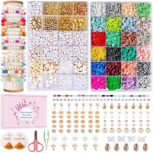 Perlenset für Armbänder, 2 Boxen Armband Selber Machen Set Armband Perlen Set, Heishi Perlen zum Auffädeln, 6mm Flache Polymer Clay Beads mit Buchstaben, DIY Halsketten Geschenk für Kinder Erwachsene von NATISSTEKE