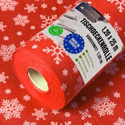 NATUARTE Tischdeckenrolle Weihnachten 1.20 m x 25 m Stoffähnliches Vlies Tischdecke Weihnachten Einweg Tischdecke Rolle - Vorschnitt alle 1,20m - Tischdeckenrolle Rot - Weihnachtsfarbe 1.20x25m von NATUARTE