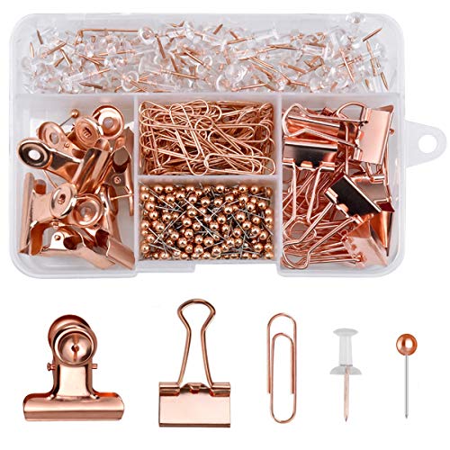 NATUCE 500PCS Rose Gold Büromaterial Set,100Pcs Push Pins +300Pcs 4mm Karte Nagel Pinnadeln +80Pcs Büroklammern+14Pcs Binder Clips+6Pcs Bulldogge Büroklammern für Büro, Schule und Heimbedarf von NATUCE