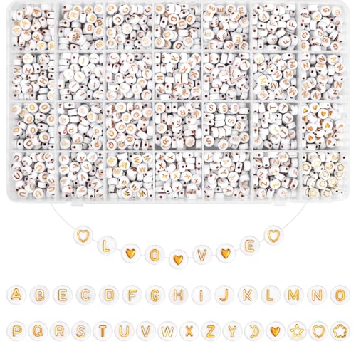 Natuce 1400 Stück Buchstabenperlen, Goldene A-Z Buchstabenperlen,4 x 7 mm Perlen Zum Auffädeln, Rund Acryl Alphabet Beads, für Armbänder Schmuckherstellung Handwerk von NATUCE