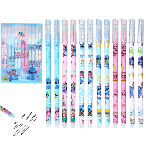 NAVESO 12 Stück Gelstifte Radierbar, Radierbare Stifte Schwarz, Tintenroller Radierbar Kinder Cartoon 0.5 mm, Kugelschreiber mit Radiergummi, Wegradierbare Stifte für Schulsachen BüRobedarf Studenten von NAVESO