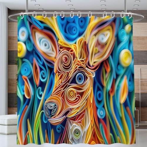 NAWVNMI Quilling Hirsch Duschvorhang Anti-schimmel Polyester Stoff Duschvorhänge 180 x 180 cm Gras Duschvorhänge Set mit Haken Wasserdicht Badewanne Vorhang (Bunt) von NAWVNMI
