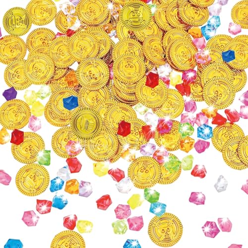 NCCHDZSW 200 Stück Goldmünzen Piratenschatz Set mit 50 Goldmünzen, Piraten Edelsteine für Piraten Deko Treasure Hunt Kindergeburtstag Schatzkiste von NCCHDZSW