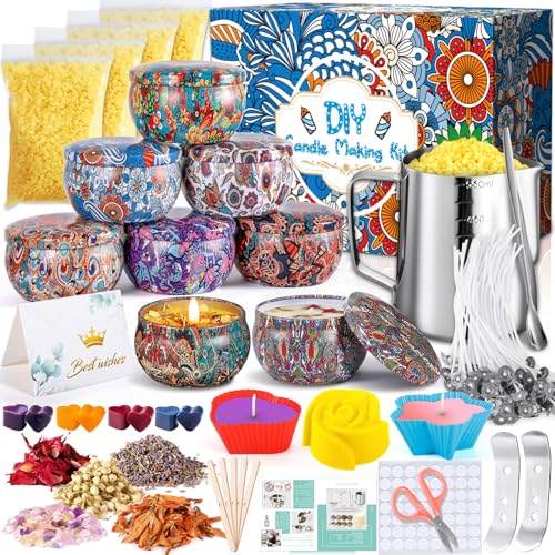 NCKIHRKK Kerzen Selber Machen Set, DIY Duftkerze Geschenke Set, Kerzenherstellung Kit mit 480g Sojawachs,8 Kerzendosen,4 Trockenblumen,8 Farbblöcken, Diy Set Erwachsene Kinder Kerzenherstellung Kit von NCKIHRKK