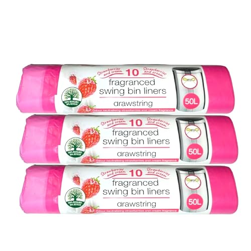 NCS35® 3 Rollen mit je 10 Schwing-Müllbeutel, 50 l Kordelzug, parfümierte Müllbeutel, kompatibel mit Tretmülleimer, stark und sicher, Müllbeutel, Müllbeutel, Küche, Geschäfte, Haus und Büro (Rosa) von NCS35