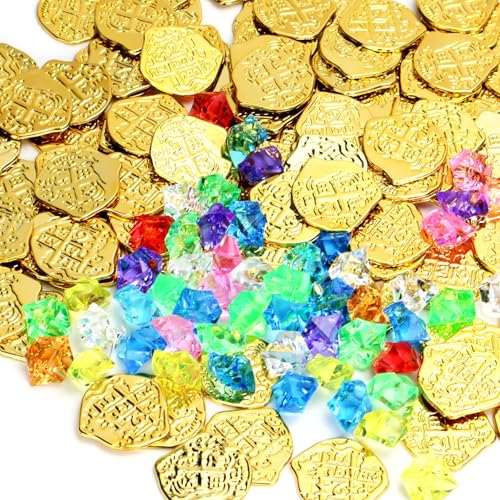 NCTNCX 100 Stück Goldmünzen Kinder, Goldmünzen spielzeug, Goldmünzen Piratenschatz, Piraten schatz, Schatzsuche Kindergeburtstag (100 Goldmünzen +50 Edelsteine) (100) von NCTNCX
