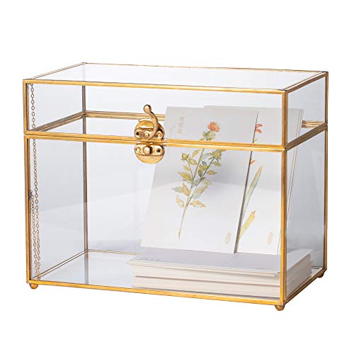 NCYP 25x14,2x19,6 cm Goldfarben Glaskarten Box, Handgefertigt Messing Vintage Rechteckige Form mit Fuß für Hochzeitseingaben, Andenken, Tafelaufsatz (nur Glasbox) von NCYP
