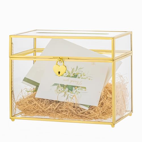 NCYP 25x14,2x19,8 cm Goldfarbene Glas Hochzeits Kartenbox mit Schlitz und Schloss, Umschlagbox mit Deckel für Geburtstagsparty, Vintage Rechteckige Dekoration (Glasbox und nur Schloss) von NCYP