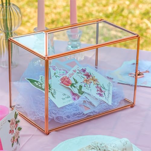 NCYP 26 cm große, roségoldene geometrische Glaskarten-Box mit Schlitz und Herzschloss,Terrarium-Pflanzgefäß für Hochzeitsempfang, große, einfache Partydekoration, (nur Glasbox) von NCYP