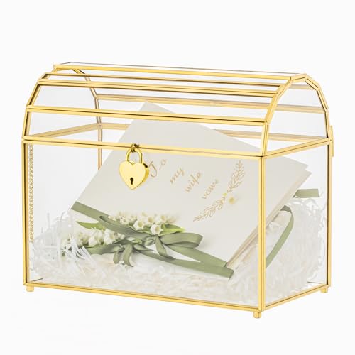 NCYP 26x14x21,5 cm Hochzeitskartenbox mit Schlitz und Schloss, Goldglas Umschlagbox für Geburtstagsparty Empfang Vintage, Bogen Design, Tafelaufsatzdekoration (Nur Glasbox und Schloss) von NCYP