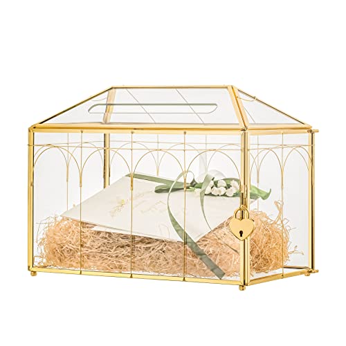 NCYP 32x15x23 cm Goldene Glas Kartenbox Hochzeit mit Schlitz und Schloss, Vintage Geometrisches Geldbox, Handgefertigter Dekor für Hochzeiten Partys (Nur Glasbox und Schloss) von NCYP
