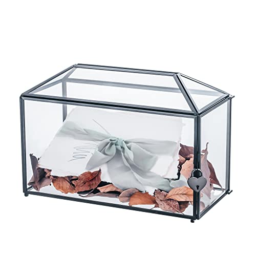 NCYP 32cm große Glaskartenbox für Hochzeiten mit Schlitz und Herzschloss, schwarze geometrische Terrarienbox für Geburtstage, Partys, Empfänge, Andenken (nur Glasbox und Schloss) von NCYP