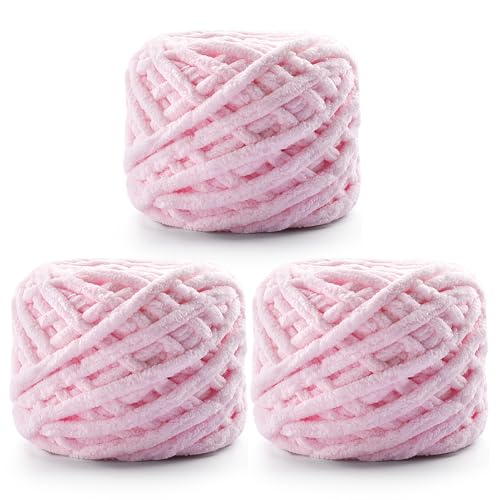 3 Stück Chenillegarn Dick zum Häkeln Flauschiges Garn Babydecke Häkelgarn Pullover Schal Handschuhe Super Weiches Plüschgarn 222 Yards (Hellrosa) von NDICANG