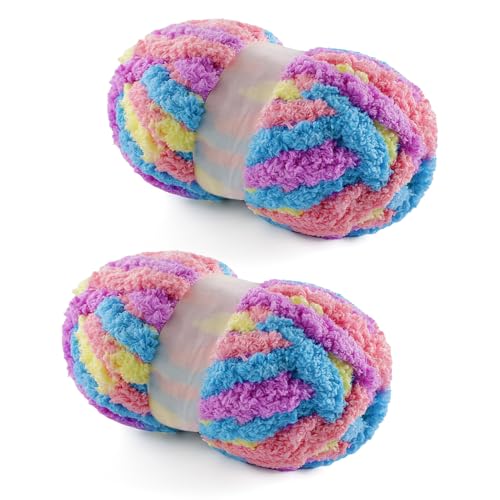 Grobes Garn zum Handstricken, grobes Chenille-Deckengarn zum Häkeln und Häkeln mit Jumbo Fluffy Super Bulky, 28 m, 218 g pro Knäuel, Makrone, 2 Stück von NDICANG