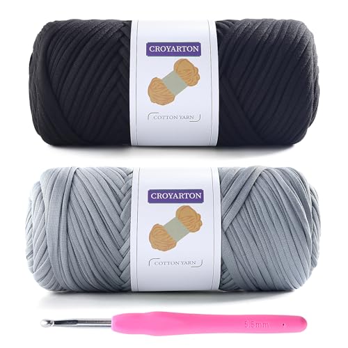 T-Shirt-Garn zum Häkeln, elastisches T-Shirt, Spaghetti, dickes Strickgarn, Gesamtlänge 120 m, für Häkeltaschen, Körbe, Heimdekoration mit 1 Häkelnadel (schwarz + hellgrau), 2 Stück von NDICANG