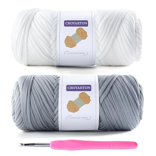 T-Shirt-Garn zum Häkeln, elastisches T-Shirt, Spaghetti, dickes Strickgarn, Gesamtlänge 120 m, für Häkeltaschen, Körbe, Heimdekoration mit 1 Häkelnadel (weiß + hellgrau), 2 Stück von NDICANG