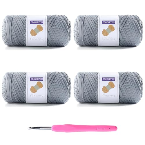 T-Shirt-Garn zum Häkeln, elastisches T-Shirt, Spaghetti, dickes Strickgarn, Gesamtlänge 220 m, für Häkeltaschen, Körbe, Heimdekoration mit 1 Häkelnadel (4-Hellgrau) von NDICANG