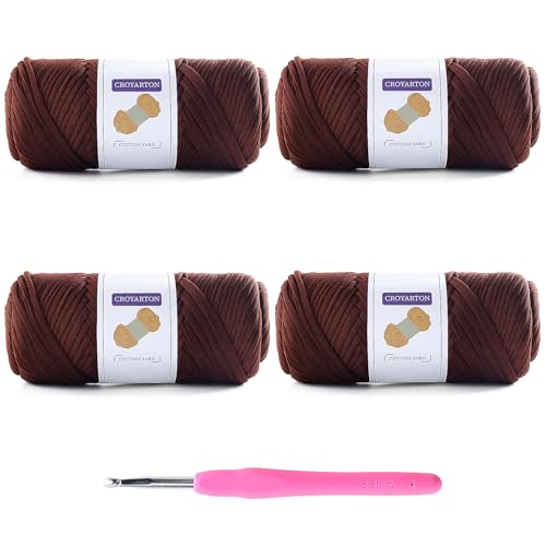 T-Shirt-Garn zum Häkeln, elastisches T-Shirt, Spaghetti, dickes Strickgarn, Gesamtlänge 220 m, für Häkeltaschen, Körbe, Heimdekoration mit 1 Häkelnadel (4 tiefes Kaffee) von NDICANG