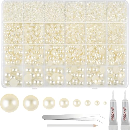 NEBURORA 13000 Stück elfenbeinweiß Perlen mit Flacher Rückseite, 8 Größen, mit Pinzette und Picker-Bleistift,halbrunde Perlen mit flacher Rückseite, für Heimwerkerarbeiten,Nägel, Make-up von NEBURORA