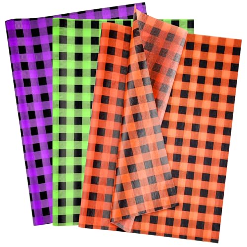 NEBURORA 60 Blatt Halloween-Seidenpapier 35 x 50cm orange grün lila Buffalo Kariert Geschenkpapier für selbstgemachte Geschenktüten Halloween Partyzubehör von NEBURORA