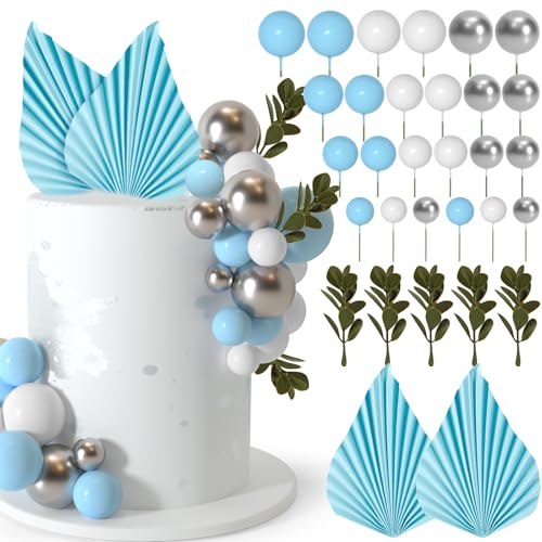 NEBURORA 64 Stück Tortendeko Kugeln Cake Topper und Blätter-Dekoration, Cake Topper Ballons Mini, Kuchen Kugeln Dekoration für Geburtstagstorten(Blue Silver） von NEBURORA