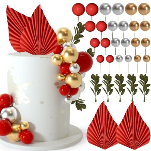 NEBURORA 64 Stück Tortendeko Kugeln Cake Topper und Blätter-Dekoration, Cake Topper Ballons Mini, Tortendekoration für Geburtstagstorten (Rot gold) von NEBURORA