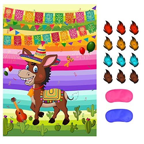 NEBURORA Pin The Tail on The Donkey Party Game, mexikanisches Eselspiel mit 24 Schwänzen, Cinco De Mayo-Party, mexikanische Party, Fiesta-Thema, Taco-Partydekorationen, Kindergeburtstagszubehör von NEBURORA