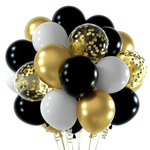 NEBURORA Schwarz und Gold Konfetti Luftballons 60 Stück 12 Zoll Metallic Gold Weiß und Schwarz Konfetti Luftballons mit Bändern für Geburtstagsfeier, Hochzeit,Abschlussfeier,Urlaub,Feiern von NEBURORA