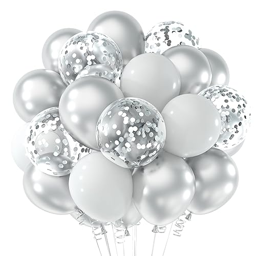 NEBURORA Weiß und Silber Konfetti Luftballons 60 Stück 12 Zoll Weiß Metallic Silber Konfetti Luftballons für Hochzeit Verlobung, Abschlussfeier,Geburtstag,Baby Party,Party Dekorationen von NEBURORA