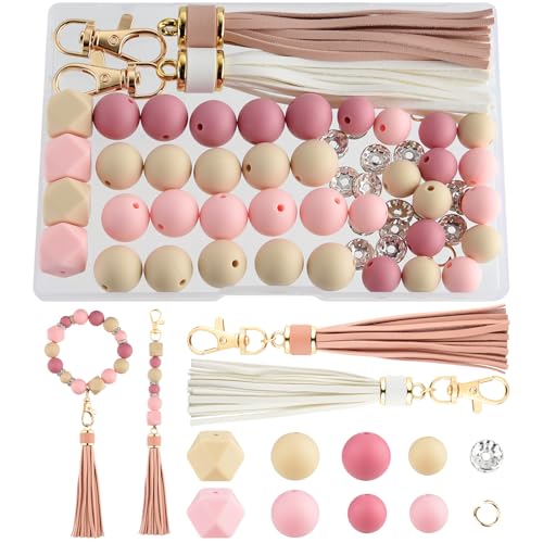 NEBURORA Silikonperlen für Schlüsselanhänger-Set, cremebraune und rosa Perlen mit Lederquasten, runde Perlen für Armbänder, Bastelarbeiten, Perlenstifte, Dekorationen, Schmuckherstellung von NEBURORA