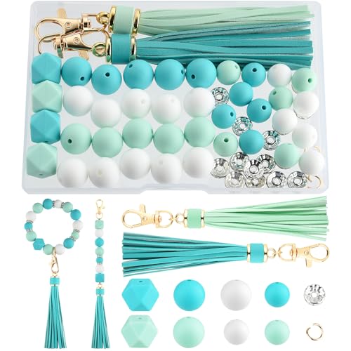 NEBURORA Silikonperlen für Schlüsselanhänger-Set, cyanblau-weiße Perlen mit Lederquasten, runde Perlen für Armbänder, Bastelarbeiten, Perlenstifte, Dekorationen, Schmuckherstellung von NEBURORA