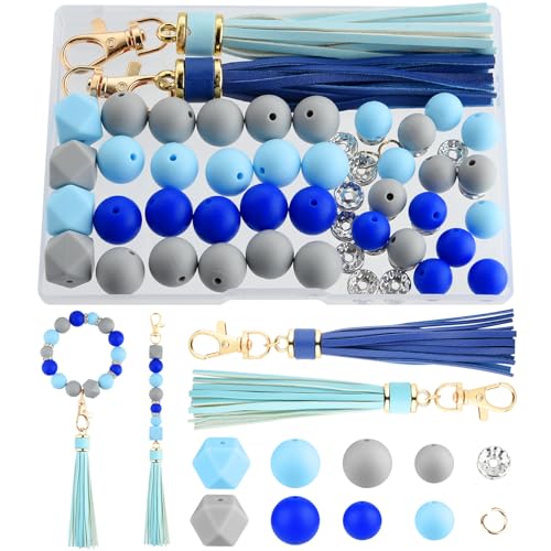 NEBURORA Silikonperlen für Schlüsselanhänger-Set, graue, königsblaue, hellblaue Perlen mit Lederquasten, runde Perlen für Armbänder, Bastelarbeiten, Perlenstifte, Dekorationen, Schmuckherstellung von NEBURORA
