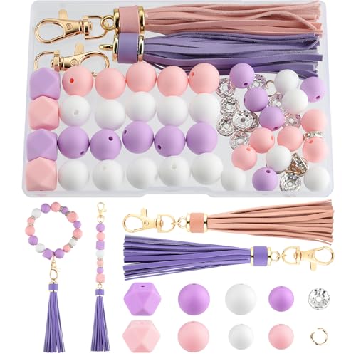 NEBURORA Silikonperlen für Schlüsselanhänger-Set, lila, rosa, weiße Perlen mit Lederquasten, runde Perlen für Armbänder, Bastelarbeiten, Perlenstifte, Dekorationen, Schmuckherstellung von NEBURORA