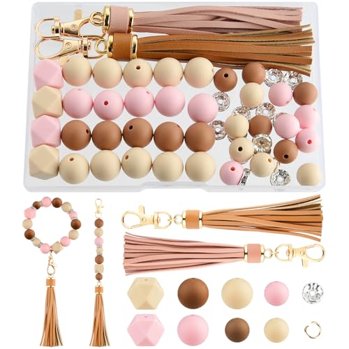 NEBURORA Silikonperlen für Schlüsselanhänger-Set, staubrosa, schokoladenbraune Perlen mit Lederquasten, runde Perlen für Armbänder, Bastelarbeiten, Perlenstifte, Dekorationen, Schmuckherstellung von NEBURORA